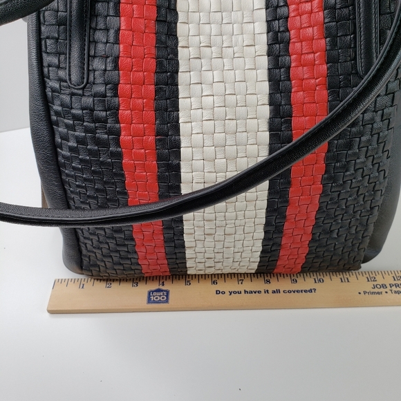 Clever Carriage Black Red & Ivory Striped Weaved Leather Beautiful Shoulder Bag - Picture 10 of 11